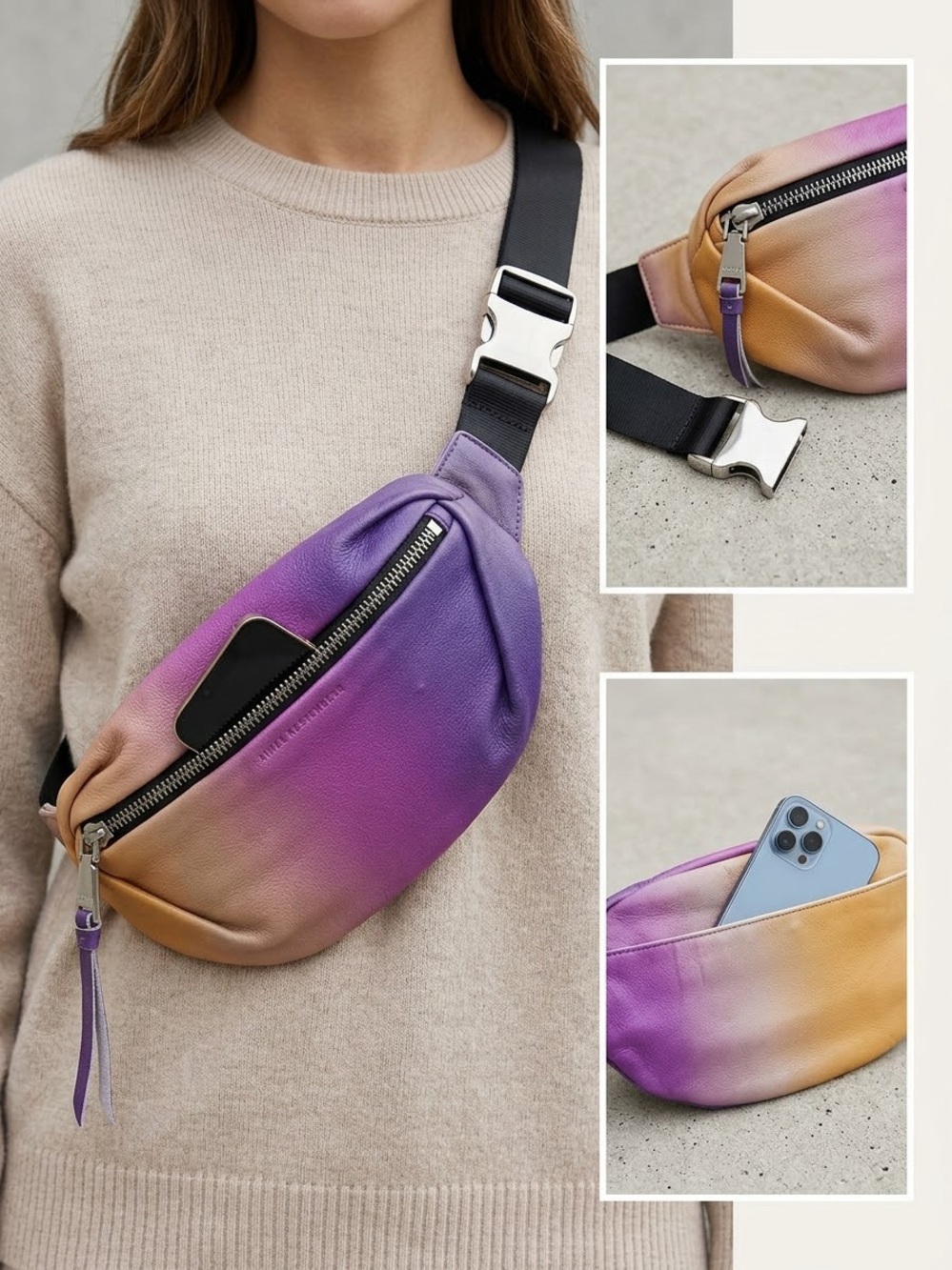 Aimee Kestenberg Milan Leather Bum Bag Sunset Ombre Sling Belt Bag Purple Yellow